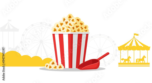 Carnival Popcorn Bucket with Ferris Wheel and Carousel Background