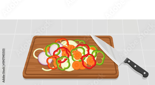 Chopped fresh vegetables on a cutting board with a knife, ready for cooking