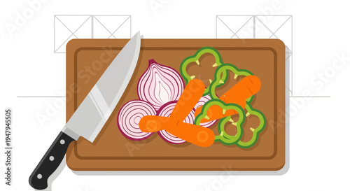 Chopped vegetables on a cutting board with a knife: onions, carrots, and bell peppers for cooking.