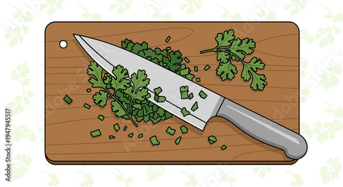 Chopping Fresh Cilantro on a Wooden Cutting Board with a Chef Knife
