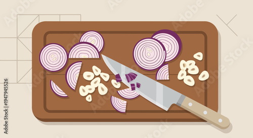 Chopping Red Onion and Garlic on a Wooden Cutting Board with Knife