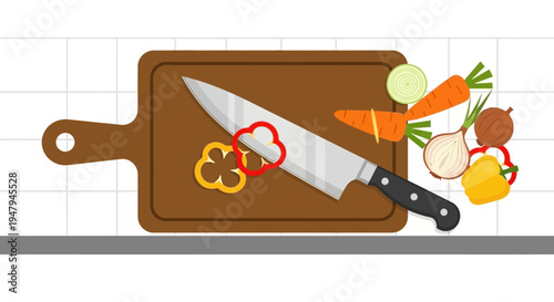 Chopping fresh vegetables on a wooden cutting board with a chef's knife