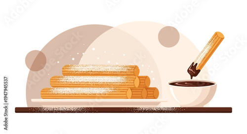 Churros with Chocolate Dip, Sweet Pastry Dessert, Powdered Sugar, Delicious Snack