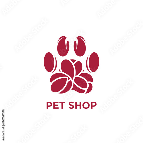 Pet shop logo design featuring a stylized animal paw print in a bold red color