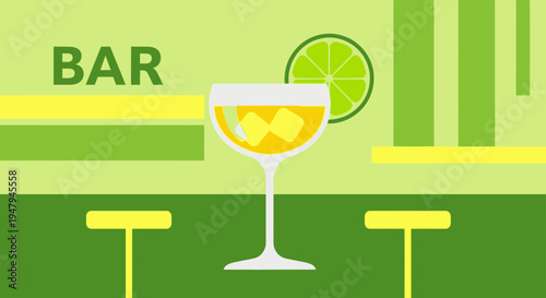 Cocktail at the Bar Counter with Stools and Lime Slice - Refreshing Drink