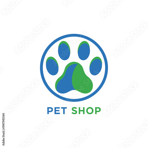 Pet shop logo design with animal paw print inside a circle in blue and green colors