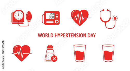 Red icons related to hypertension monitoring and lifestyle surround central text