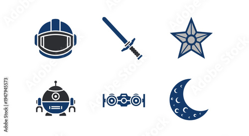 Six dark blue and gray icons helmet sword star robot rover and moon