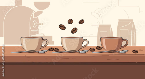 Coffee beans falling into cups on a wooden table with a coffee roaster in the background