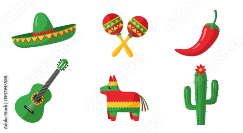 Six colorful flatstyle icons representing Mexican culture on a white background