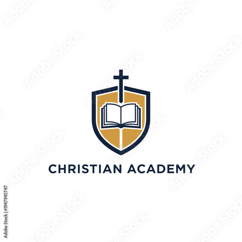 Christian Academy Logo with Shield, Cross, and Open Book on Isolated White Background