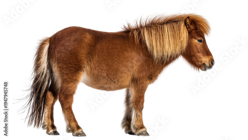 Foto Isolated adorable miniature pony with shaggy brown fur and long flowing mane in