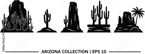 arizona desert silhouette collection, cactus and rock formations set, wild west landscape scenery, southwest nature plants vector illustration pack