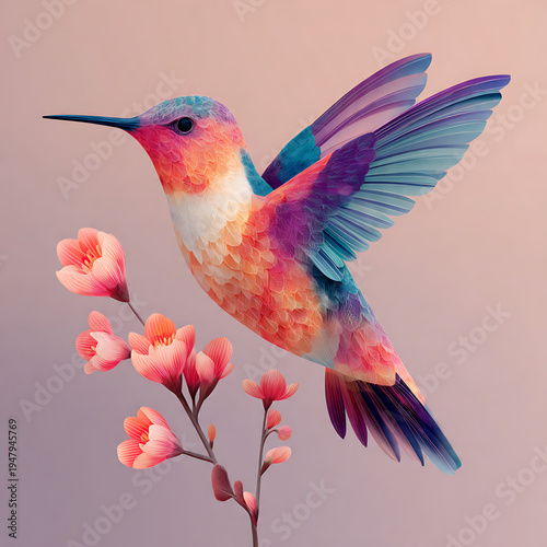 Vibrant hummingbird with delicate pink blossoms, a stunning illustration of nature's beauty and delicate flight