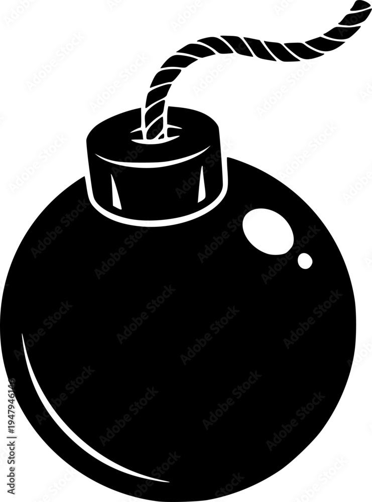 Fototapeta premium Solid black silhouette of a classic round bomb with a lit fuse, minimalist explosive and danger symbol vector illustration isolated on white.