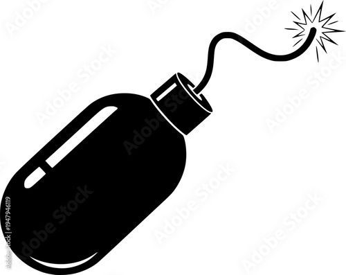 Solid black silhouette of a classic round bomb with a lit fuse, minimalist explosive and danger symbol vector illustration isolated on white.
