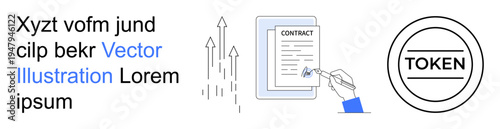 Business growth, contracts, blockchain, digital transactions, legal agreements, economic trends. A contract being signed, rising arrows and a token graphic. Business growth and contracts concept