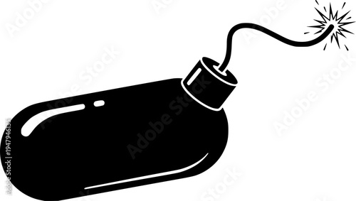 Solid black silhouette of a classic round bomb with a lit fuse, minimalist explosive and danger symbol vector illustration isolated on white.