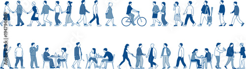 People, daily, activities, walking, cycling, meeting, talking, eating, lifestyle, urban, characters, social, communication, street, routine, vector, illustration, set, collection, scenes