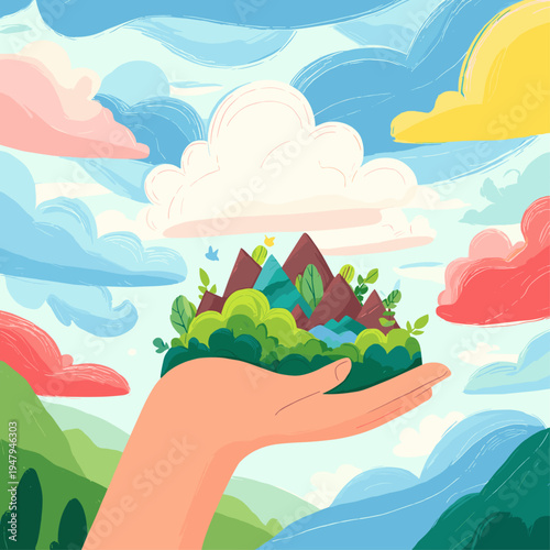 Surreal Collage of a Paper Hand Placing Geometric Mountains