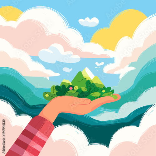 Surreal Collage of a Paper Hand Placing Geometric Mountains