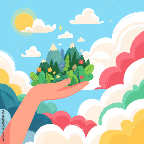 Surreal Collage of a Paper Hand Placing Geometric Mountains