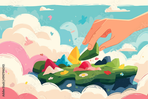 Surreal Collage of a Paper Hand Placing Geometric Mountains