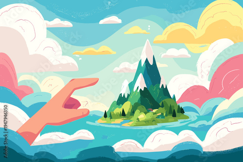 Surreal Collage of a Paper Hand Placing Geometric Mountains