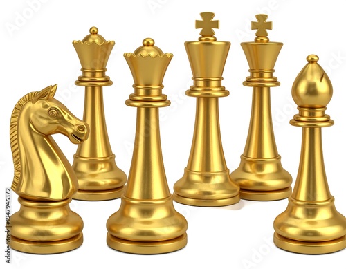 Group of golden chess pieces stand in a row, knight at left, on a white background