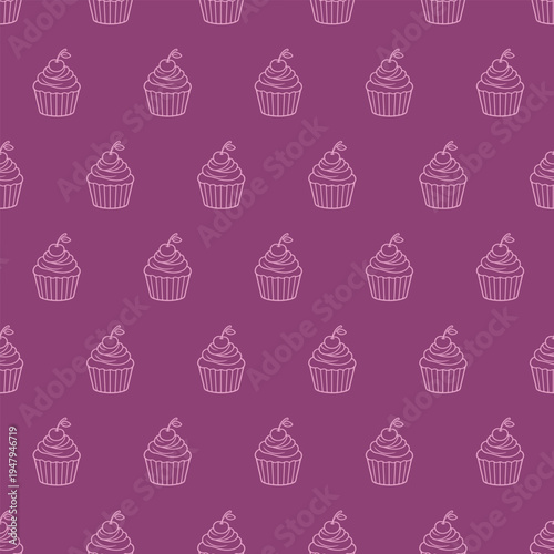 Vector seamless pattern featuring pink line-art cupcakes with cherries
