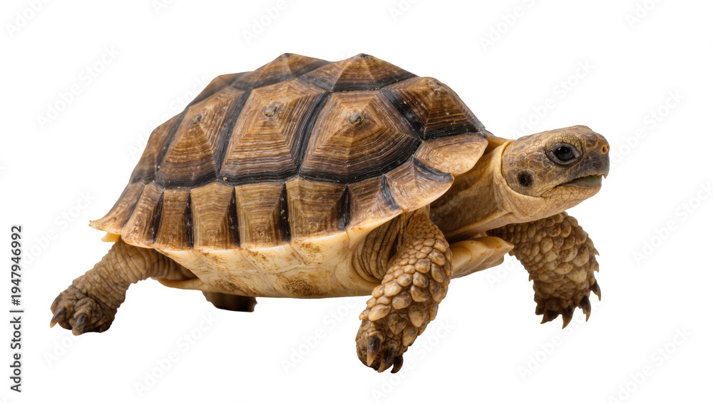 Obraz premium Isolated majestic brown tortoise with a heavily textured shell standing still, studio shot.