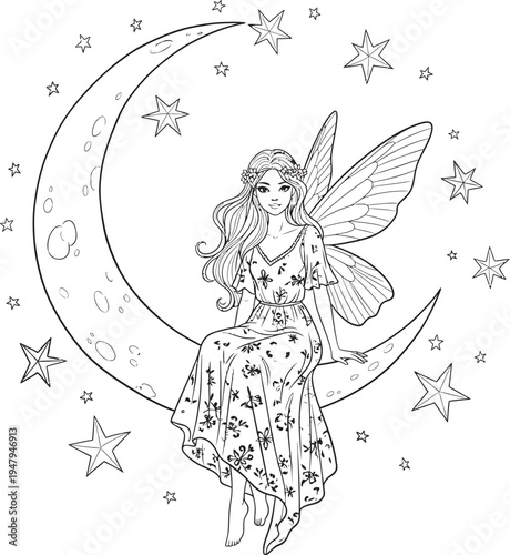 Whimsical fairy sitting on a crescent moon surrounded by stars