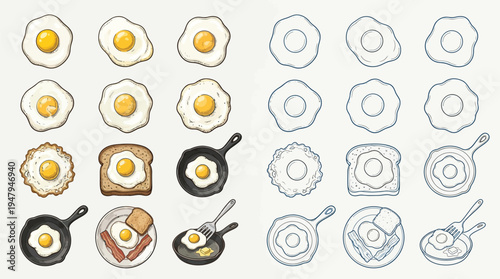 A collection of colorful and sketched illustrations of fried eggs in various preparations and serving styles.