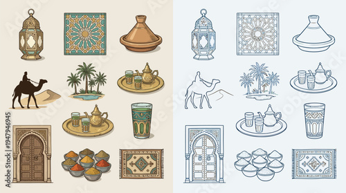 Collection of Moroccan cultural icons including lanterns, tagines, camels, tea sets, spices, and carpets, presented in two color schemes.