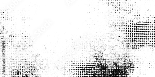 Textured Abstract Grunge Background with Scattered Dots and Halftone Patterns in Monochrome Style.