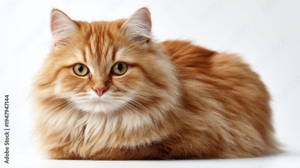 Obraz premium Fluffy ginger cat with striking green eyes sits calmly on a white background