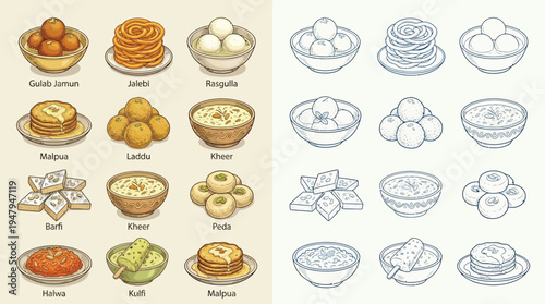A vibrant illustration showcasing a diverse collection of popular Indian sweets and desserts, presented in two distinct artistic styles.