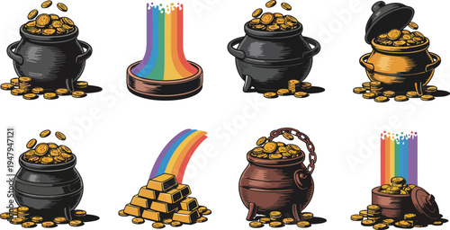 Whimsical treasure pots and magical gold spouts in a fantasy illustration