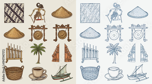 A collection of traditional Indonesian cultural icons, including batik patterns, gamelan instruments, and local crafts, presented in two color palettes.