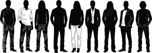 people silhouette collection, standing men and women figures set, casual and business outfits, human character poses isolated vector illustration pack