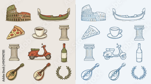 Collection of Italian cultural icons including the Colosseum, gondola, pizza, coffee, scooter, wine, mandolin, and laurel wreath.