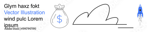 Business development, wealth generation, financial growth, startup success, innovation, future possibilities. A dollar money bag, cloud and ascending rocket. Business development and financial
