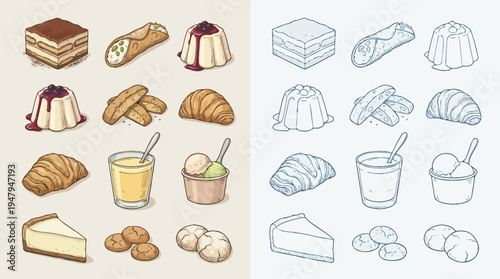A collection of colorful and monochrome illustrations of various Italian desserts and pastries, presented in a grid layout.