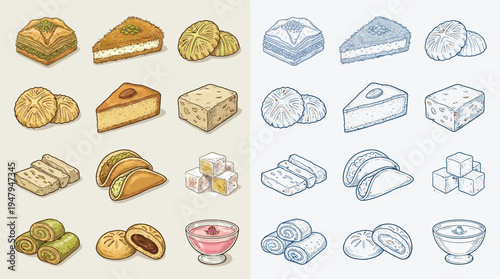 A detailed, hand-drawn illustration showcasing a variety of traditional Middle Eastern and Mediterranean desserts, presented in two distinct color palettes.