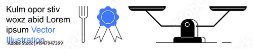 Justice, awards, food, legal services, equality, decision-making. A balance scale, fork and a blue award ribbon. Justice and awards concepts presented through clear visuals