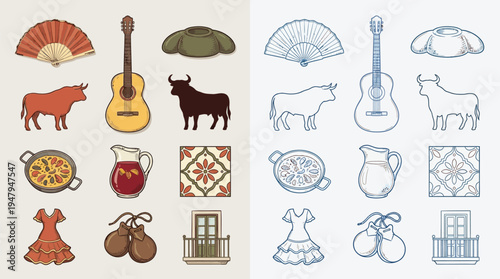 A collection of colorful and line-art illustrations representing Spanish culture and traditions, including a fan, guitar, bull, paella, and flamenco dress.