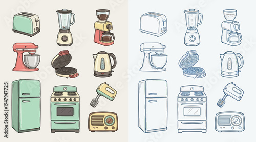 Collection of vintage kitchen appliances illustrated in two styles: one in color and one in blue outline.