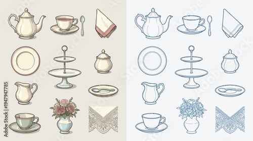 Collection of vintage tea set items and floral arrangements, presented in both colored and line-art styles.