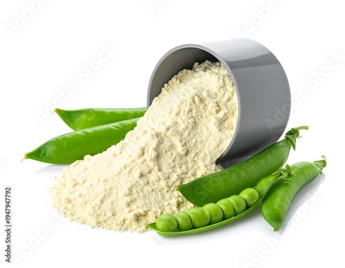 Image features pea powder spilling from a gray cup, surrounded by vibrant green pea pods with some open, revealing round peas