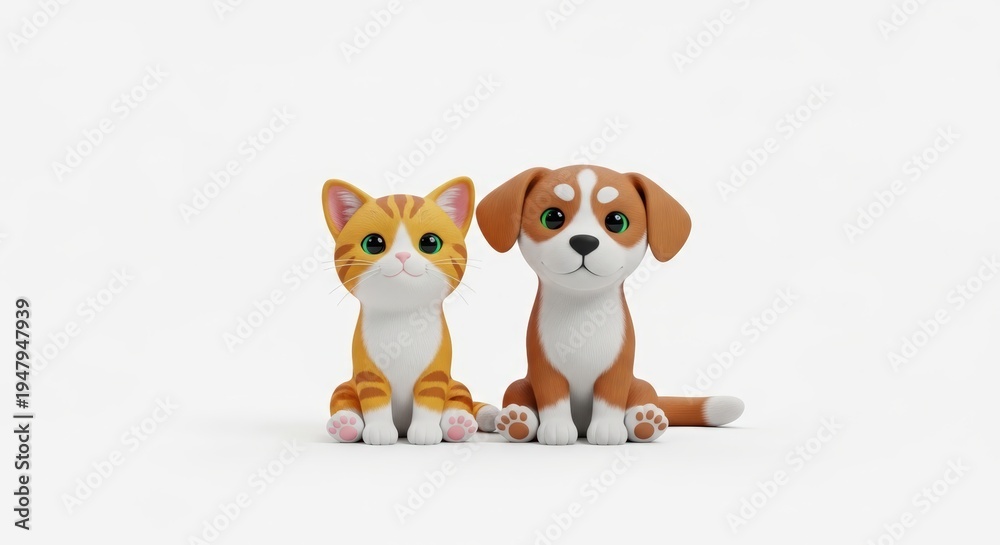 Fototapeta premium Cute 3D rendered cartoon cat and dog figurines sitting side by side on a white background.